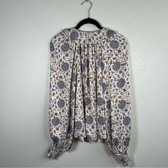 By Anthropologie Button-Front Peasant Blouse Cream Brown and Blue Small - Picture 8 of 8